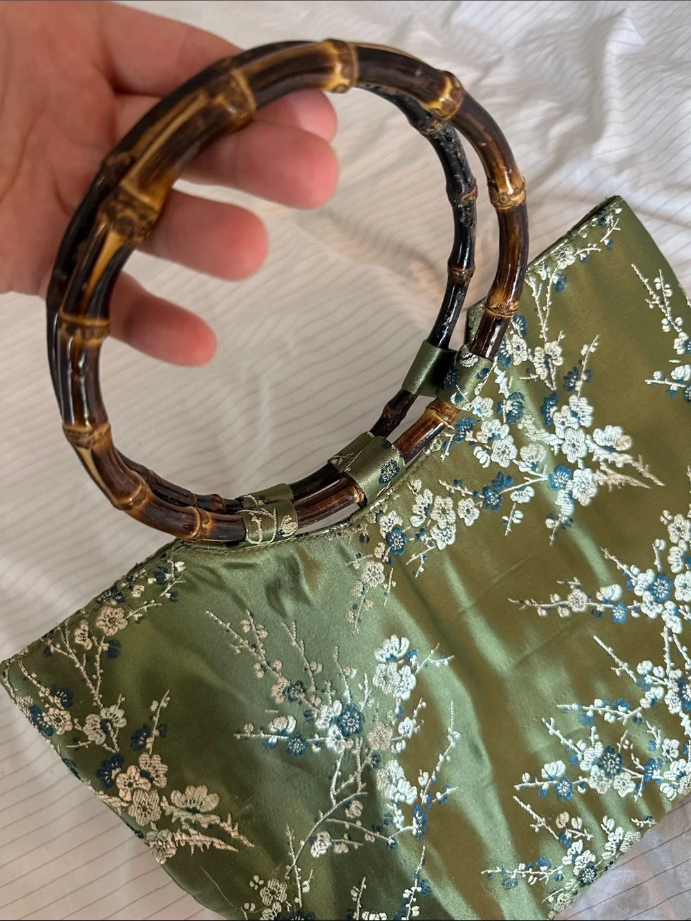 Vintage Green Brocade Floral Satin Tote Bag with Bamboo Handles